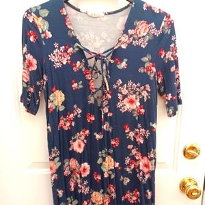 Tres Bien Lace-Up Floral Navy Pink Elbow Length Sleeve Dress Sz Medium